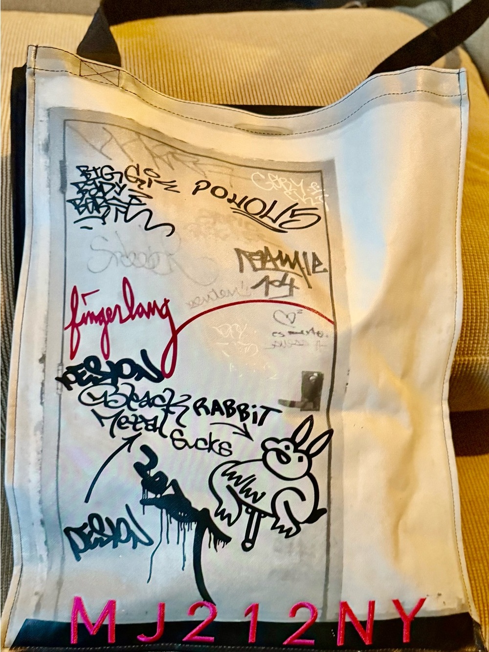 Marc JacobsMJ212NY Graffiti Print Canvas Tote in White with Black & Pink Accents
